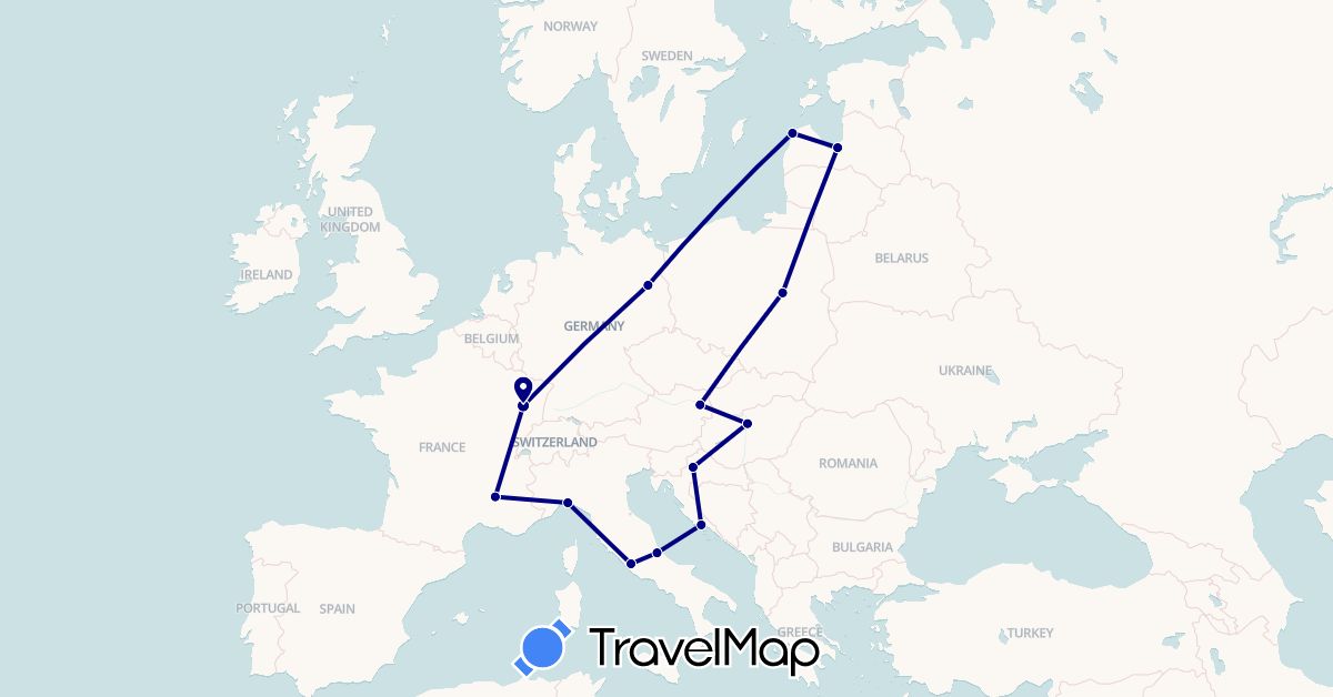 TravelMap itinerary: driving in Austria, Germany, France, Croatia, Hungary, Italy, Latvia, Poland (Europe)